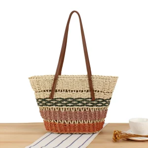 Large Capacity Straw Weave Bag for Women Summer Beach Handbag Patchwork Bohemian Shoulder Bag Ladies Travel Shopping Tote Bag