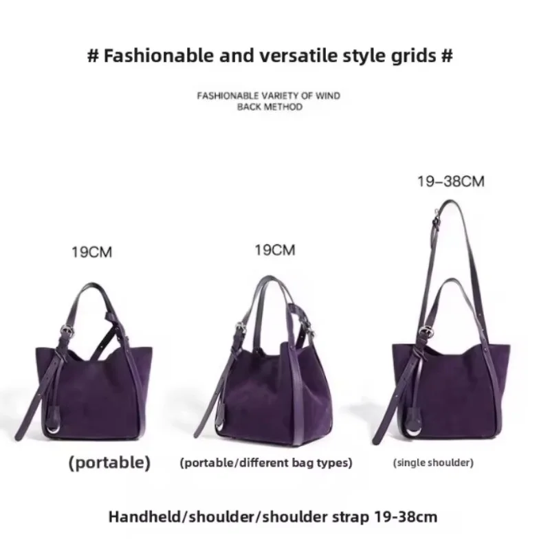 Women's Suede Tote Vegetable Basket Bucket Bag Fall Winter Handbag inside Pocket Adjustable Strap Cowhide Leather Shoulder Bags - Image 2
